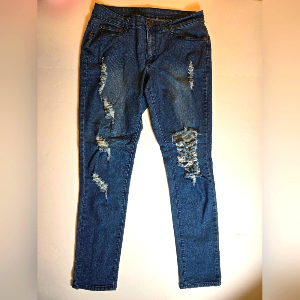 U•W•J Dark Blue Ripped Skinny Jeans ~sz 17